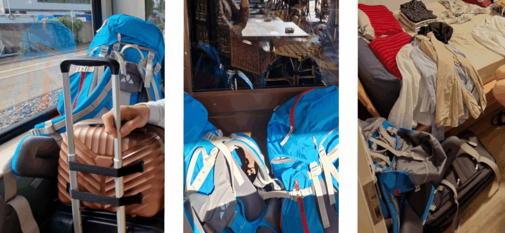 Eine Bildercollage von unserem Gepäck unterwegs und beim Packen