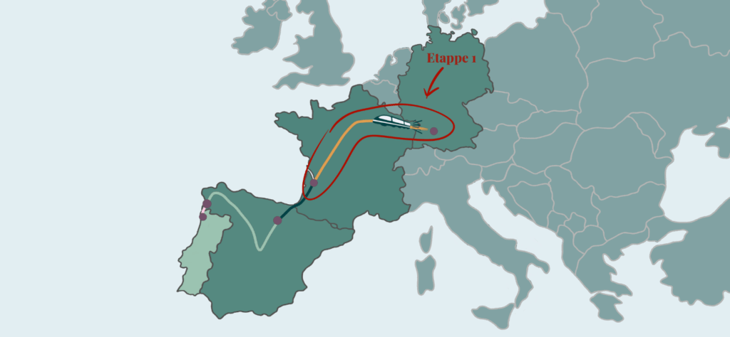 Karte der geplanten Interrail-Etappen mit Markierung der ersten Etappe.